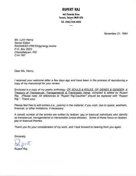 Download the full-sized image of Letter from Rupert Raj to Lynn Henry