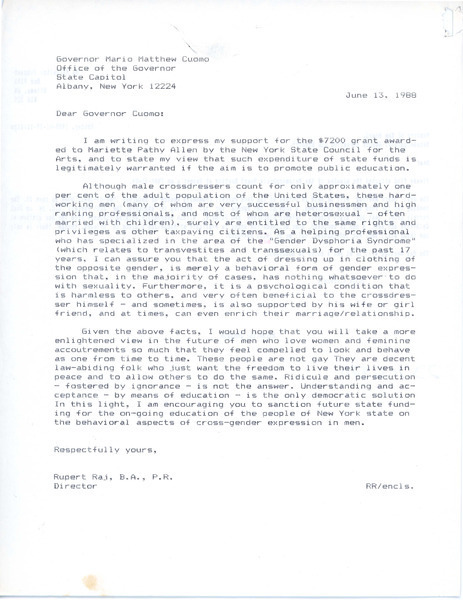 Download the full-sized image of Letter from Rupert Raj to Governor Mario Matthew Cuomo