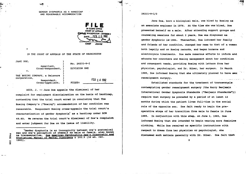 Download the full-sized PDF of Gender Dysphoria as a Handicap and Reasonable Accommodation: Jane Doe v. the Boeing Company