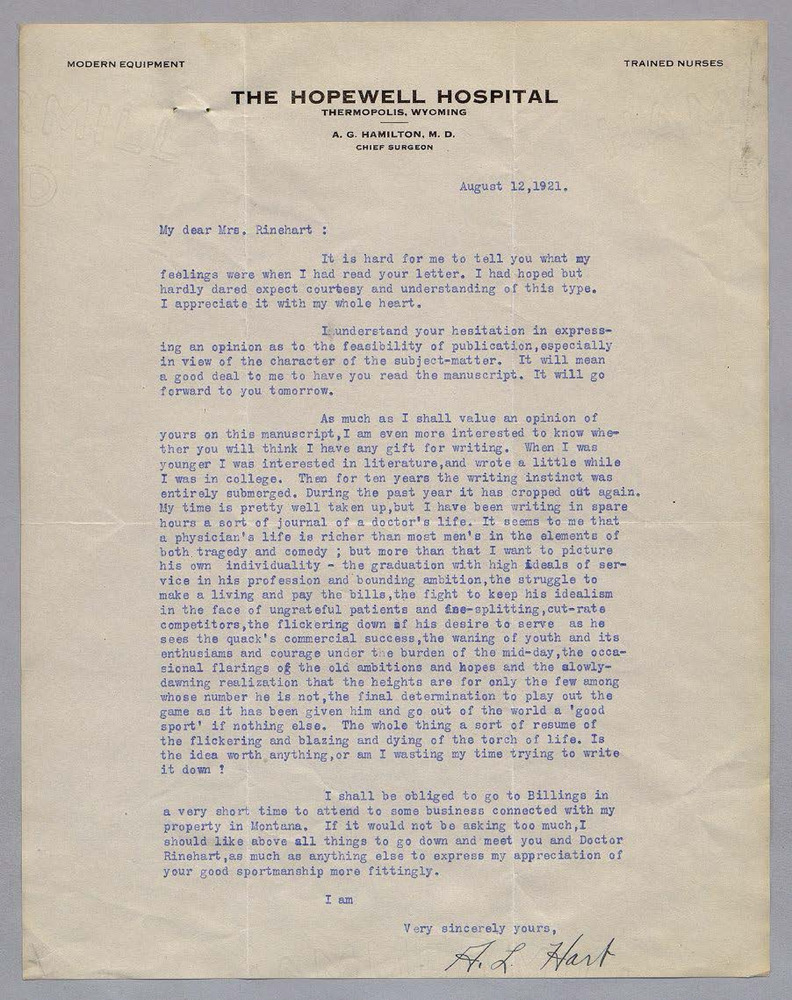 Download the full-sized PDF of Letter from Alan Hart to Mary Roberts Rinehart, August 12, 1921