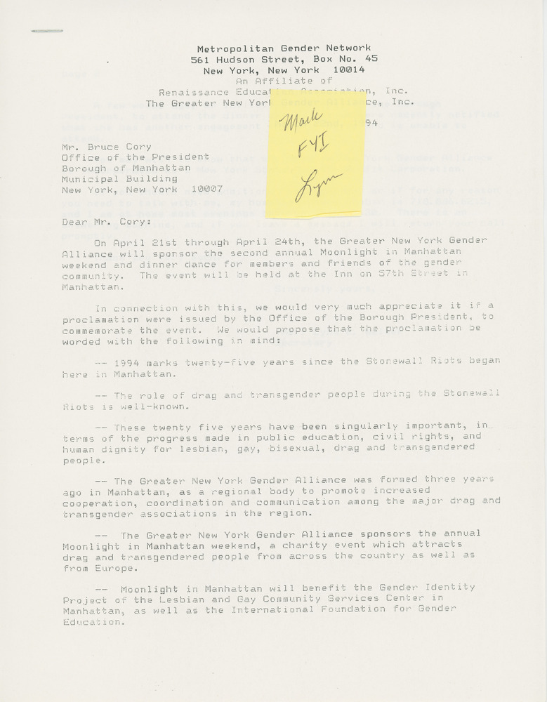 Download the full-sized PDF of Metropolitan Gender Network Contacts the Borough of Manhattan President Regarding "Moonlight in Manhattan" Charity Event