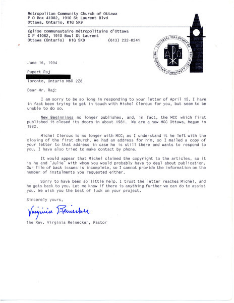 Download the full-sized image of Letter from Rev. Virginia Reinecker to Rupert Raj