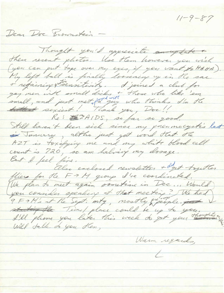 Download the full-sized PDF of Correspondence from Lou Sullivan to Michael Brownstein (November 9, 1987)