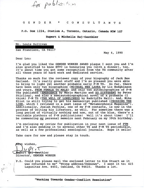 Download the full-sized image of Letter from Rupert Raj to Lou Sullivan