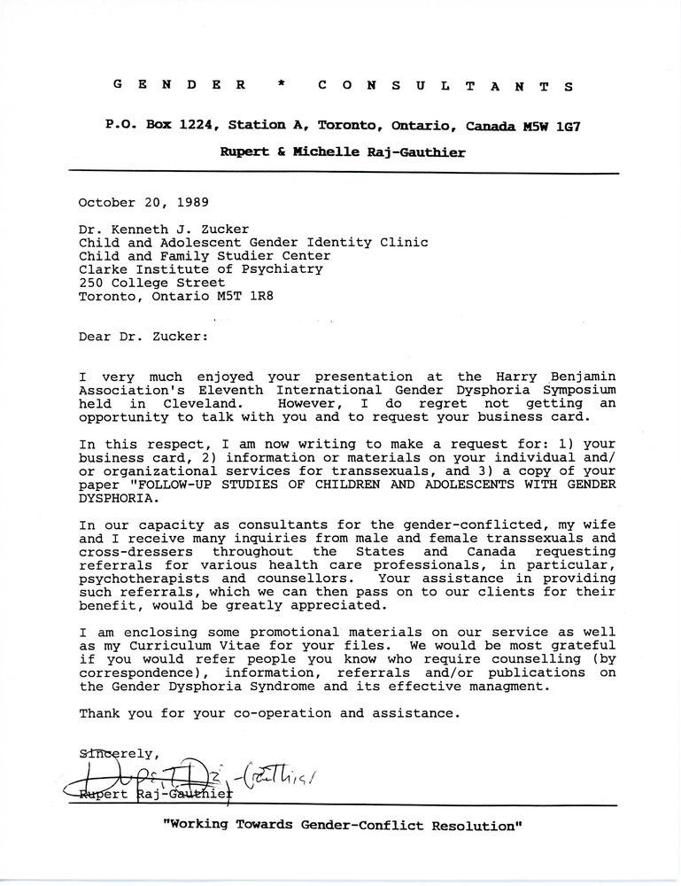 Download the full-sized PDF of Letter from Rupert Raj to Dr. Kenneth J. Zucker