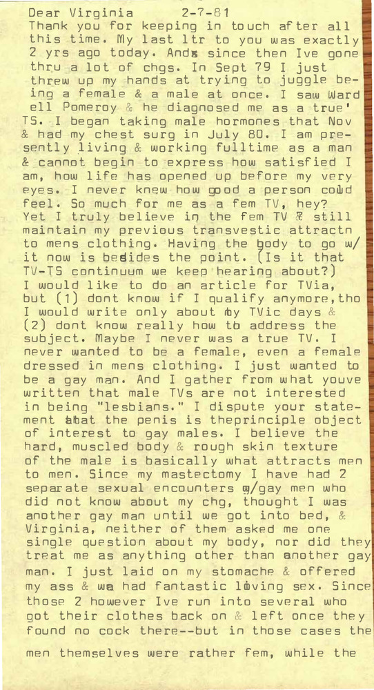 Download the full-sized PDF of Correspondence from Lou Sullivan to Virginia Prince (February 7, 1981)