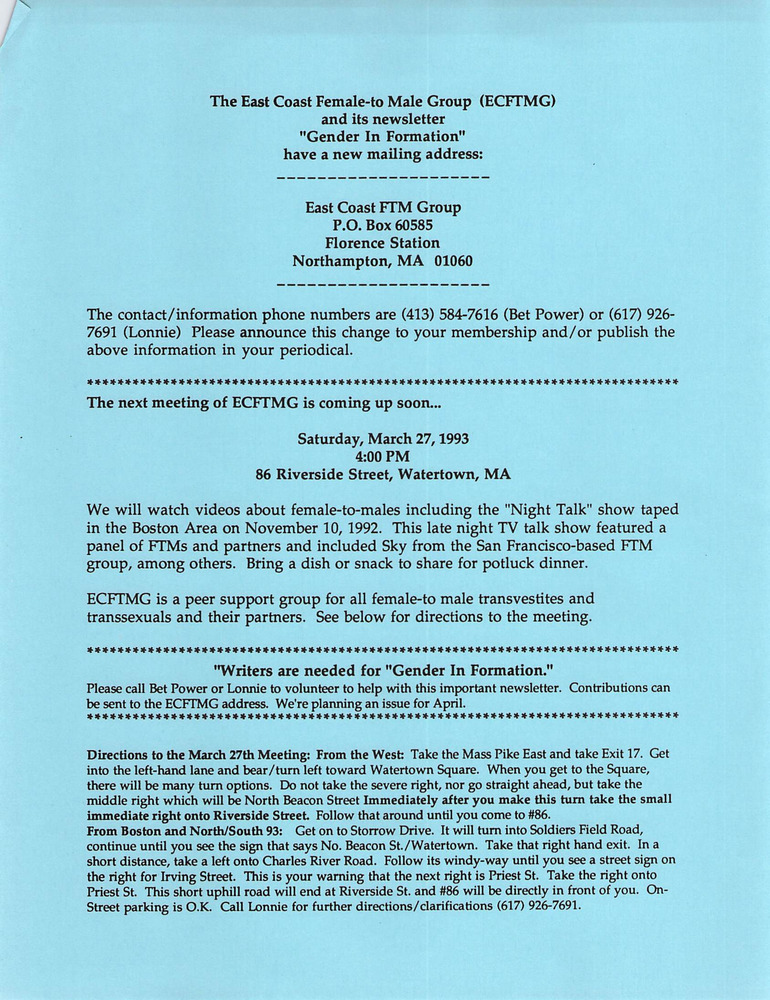 Download the full-sized PDF of Gender In Formation Mailing Address Announcement