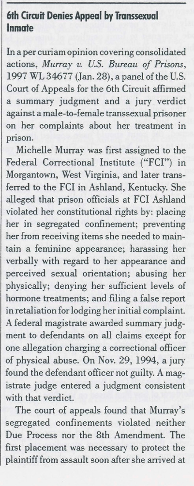 Download the full-sized PDF of 6th Circuit Denies Appeal by Transsexual Inmate