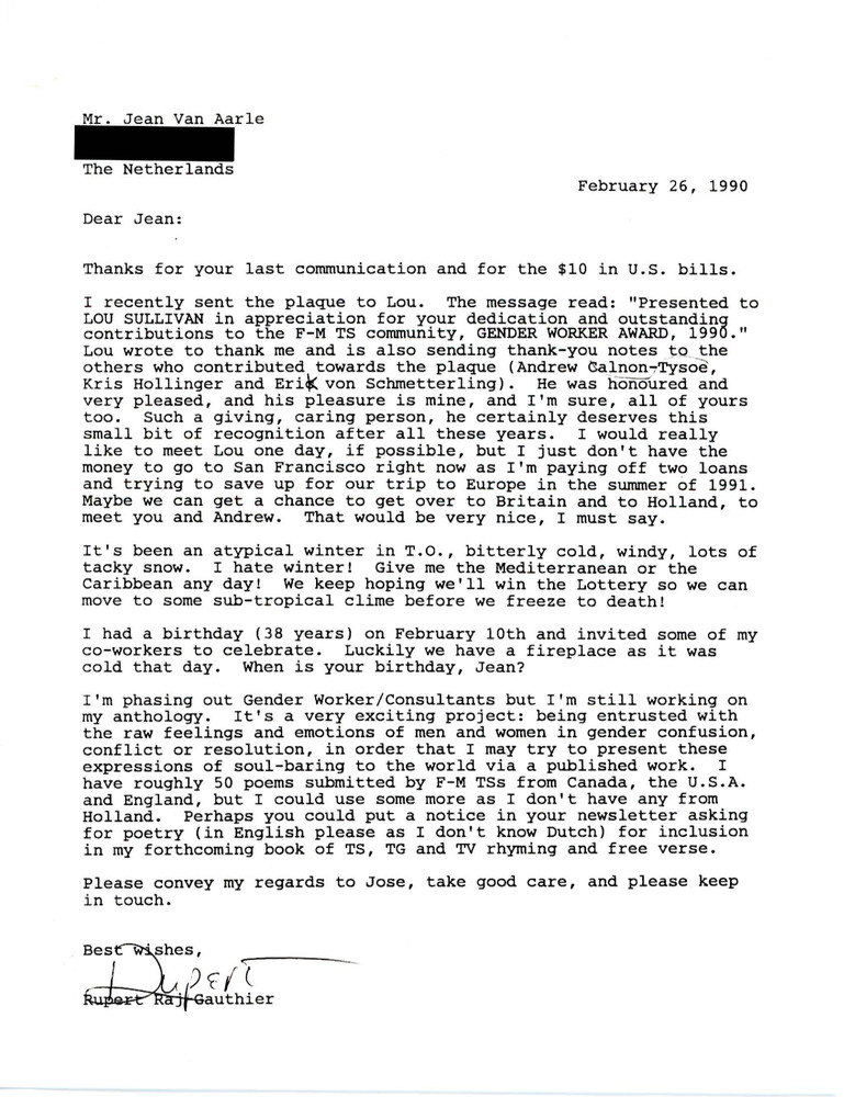 Download the full-sized PDF of Letter from Rupert Raj to Jean Van Aarle (February 26, 1990)