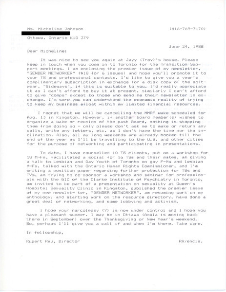 Download the full-sized image of Letter from Rupert Raj to Micheline Johnson