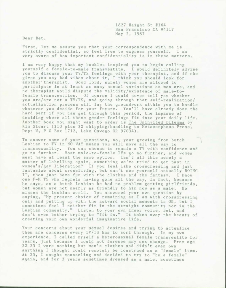 Download the full-sized PDF of Letter from Lou Sullivan to Bet Power (May 2, 1987)