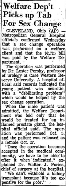 Download the full-sized image of Welfare Dep't Picks Up Tab for Sex Change