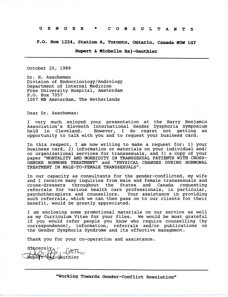 Download the full-sized PDF of Letter from Rupert Raj to Dr. H Asscheman