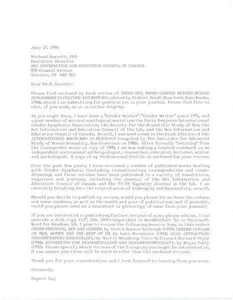 Download the full-sized image of Letter from Rupert Raj to Professor Michael Barrett