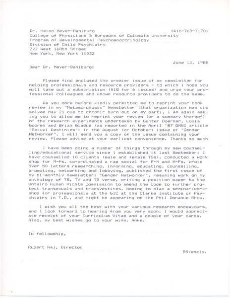 Download the full-sized image of Letter from Rupert Raj to Dr. Heino Meyer-Bahlburg