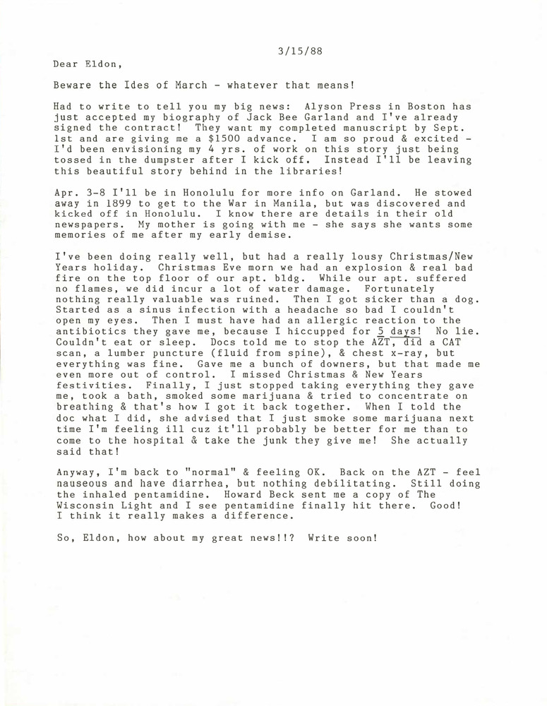 Download the full-sized PDF of Correspondence from Lou Sullivan to Eldon Murray (March 15, 1988)