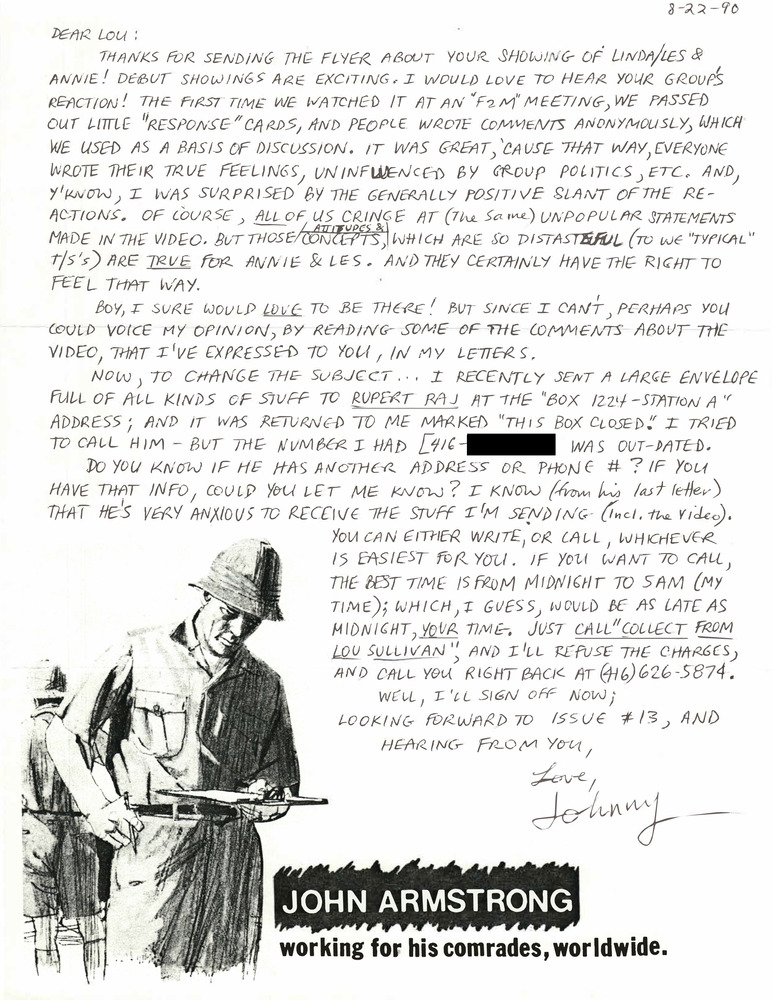 Download the full-sized PDF of Correspondence from John Armstrong to Lou Sullivan (August 22, 1990)