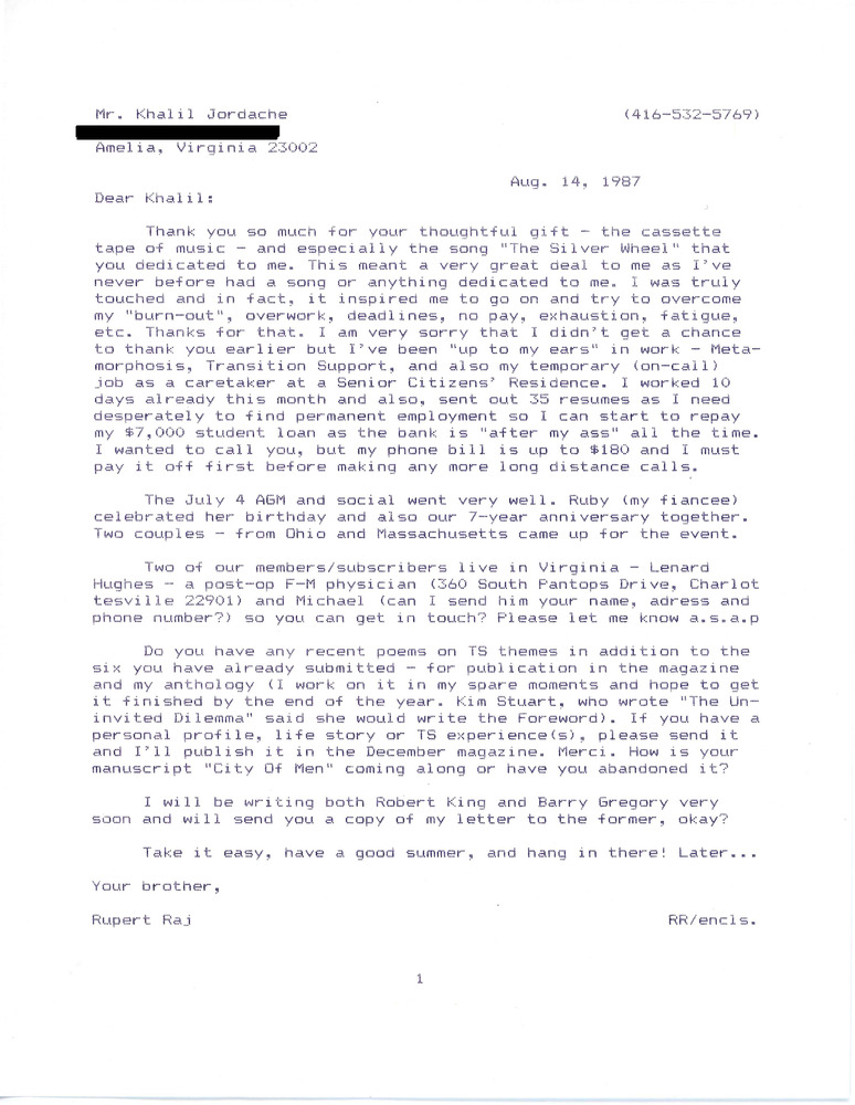 Download the full-sized PDF of Letter from Rupert Raj to Khalil Jordache