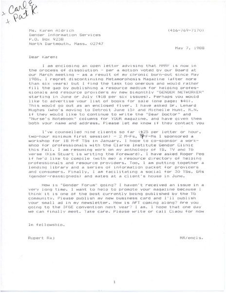 Download the full-sized image of Letter from Rupert Raj to Karen Aldrich