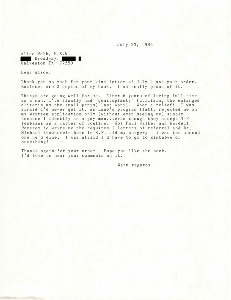 Download the full-sized PDF of Correspondence from Lou Sullivan to Alice Webb (July 23, 1986)