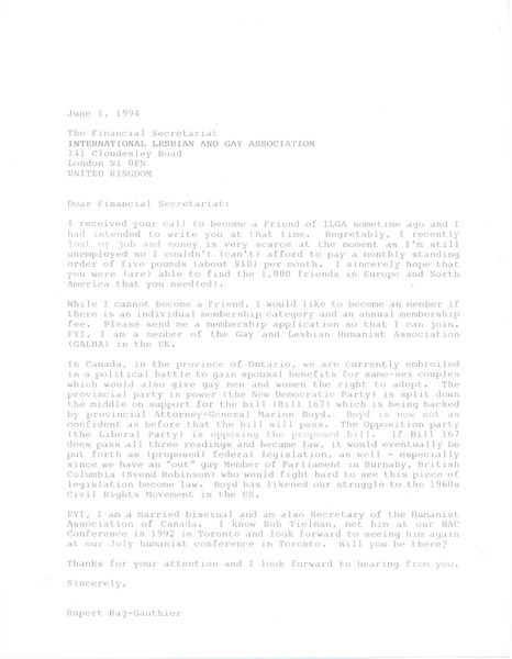 Download the full-sized image of Letter from Rupert Raj to Financial Secretariat of the International Lesbian and Gay Organization