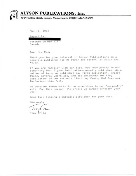 Download the full-sized image of Letter from Tony Grima to Rupert Raj