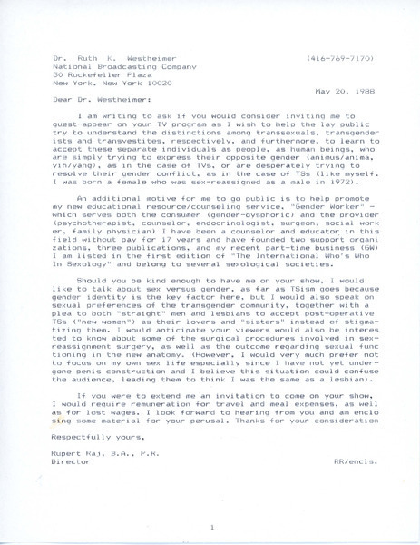 Download the full-sized image of Letter from Rupert Raj to Dr. Ruth K. Westheimer