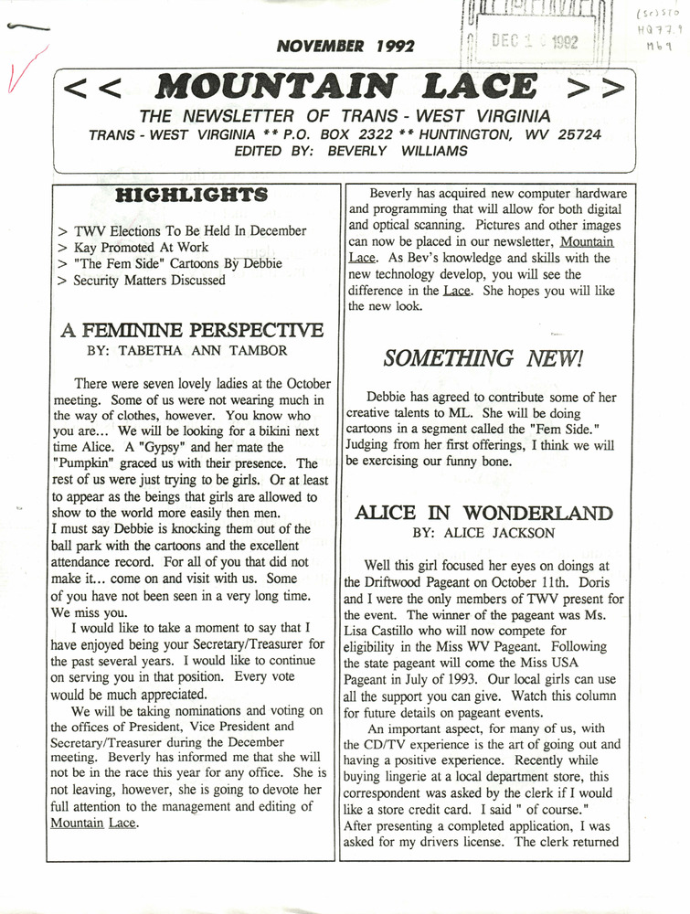 Download the full-sized PDF of Mountain Lace: The Newsletter of Trans - West Virginia (November, 1992)