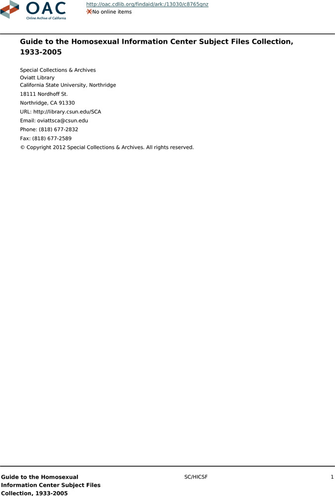 Download the full-sized PDF of Guide to the Homosexual Information Center Subject Files Collection, 1933-2005