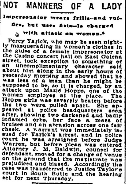 Download the full-sized image of Not Manners of a Lady: Impersonator Wears Frills and Ruffles, but Uses Fists - Is Charged with Attack on Woman