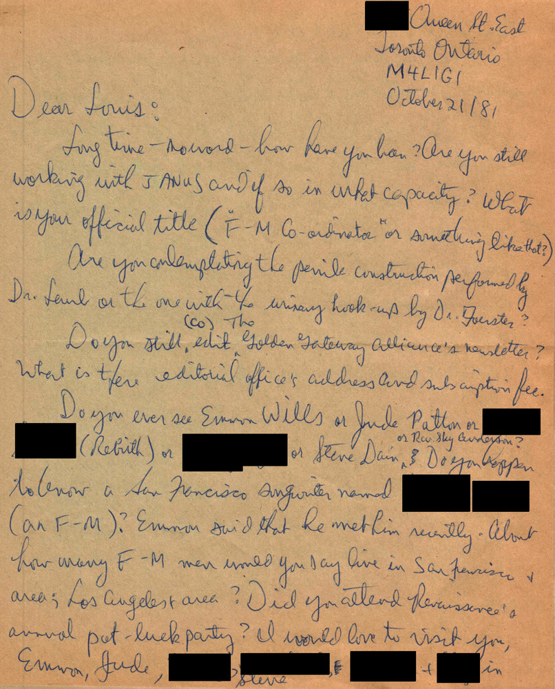 Download the full-sized PDF of Correspondence from Nicholas Ghosh to Lou Sullivan (October 21, 1981)