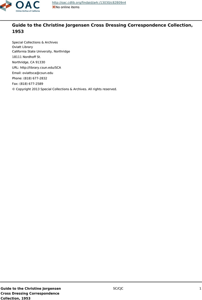 Download the full-sized PDF of Guide to the Christine Jorgensen Cross Dressing Correspondence Collection, 1953