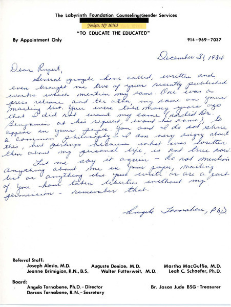 Download the full-sized image of Letter from Dr. Angelo (Tony) Tornabene to Rupert Raj (December 31, 1984)