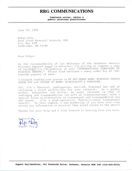 Download the full-sized image of Letter from Rupert Raj to The San Francisco Bay Area Gay and Lesbian Historical Society