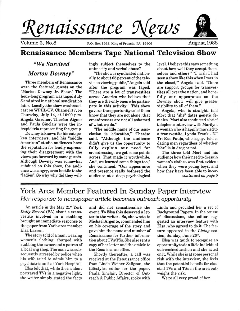 Download the full-sized PDF of Renaissance News, Vol. 2 No. 8 (August 1988)