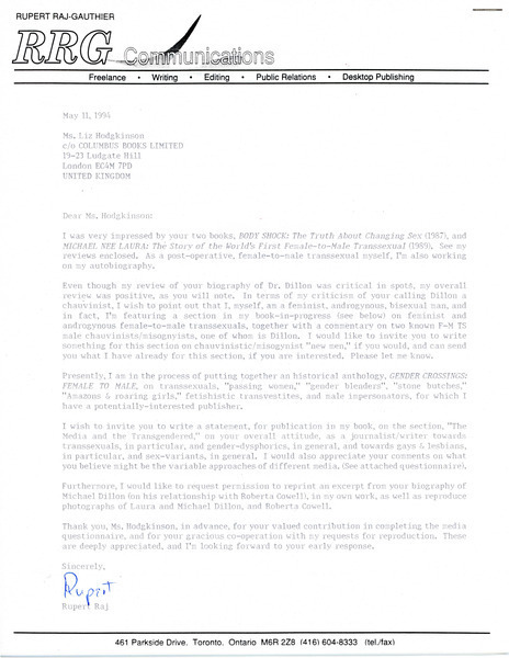 Download the full-sized image of Letter from Rupert Raj to Liz Hodgkinson