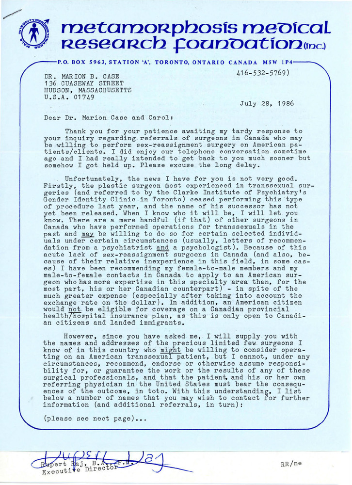 Download the full-sized PDF of Letter from Rupert Raj to Dr. Marion B. Case