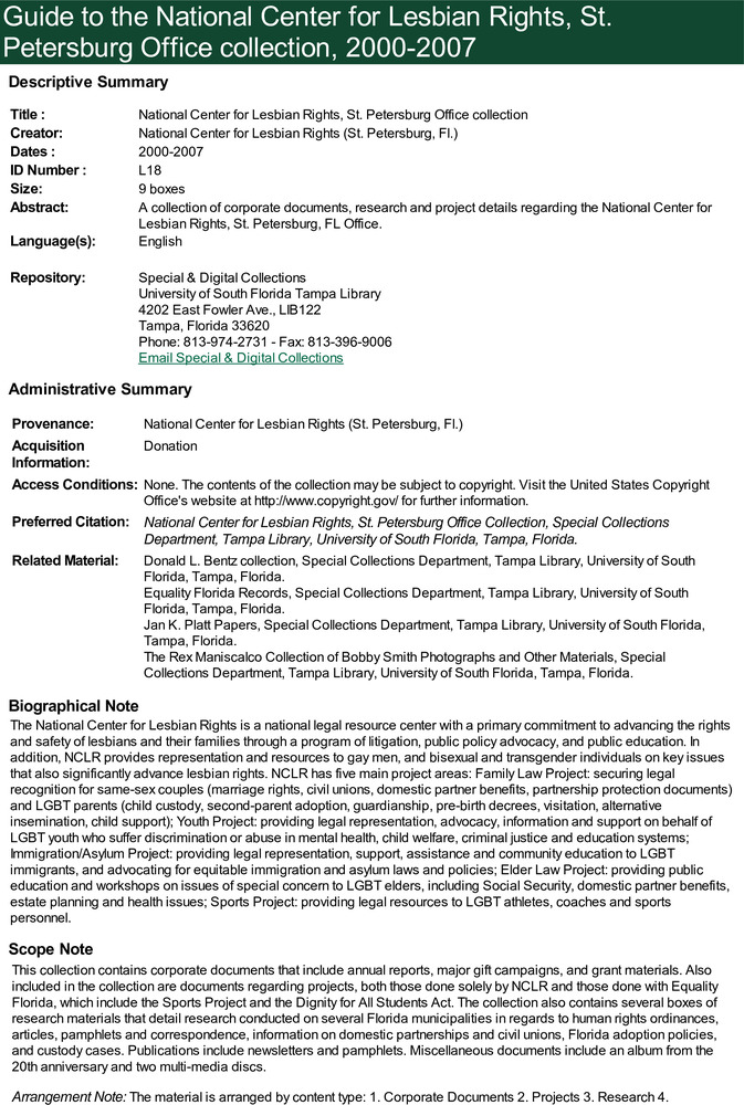 Download the full-sized PDF of Guide to the National Center for Lesbian Rights, St. Petersburg Office Collection, 2000-2007