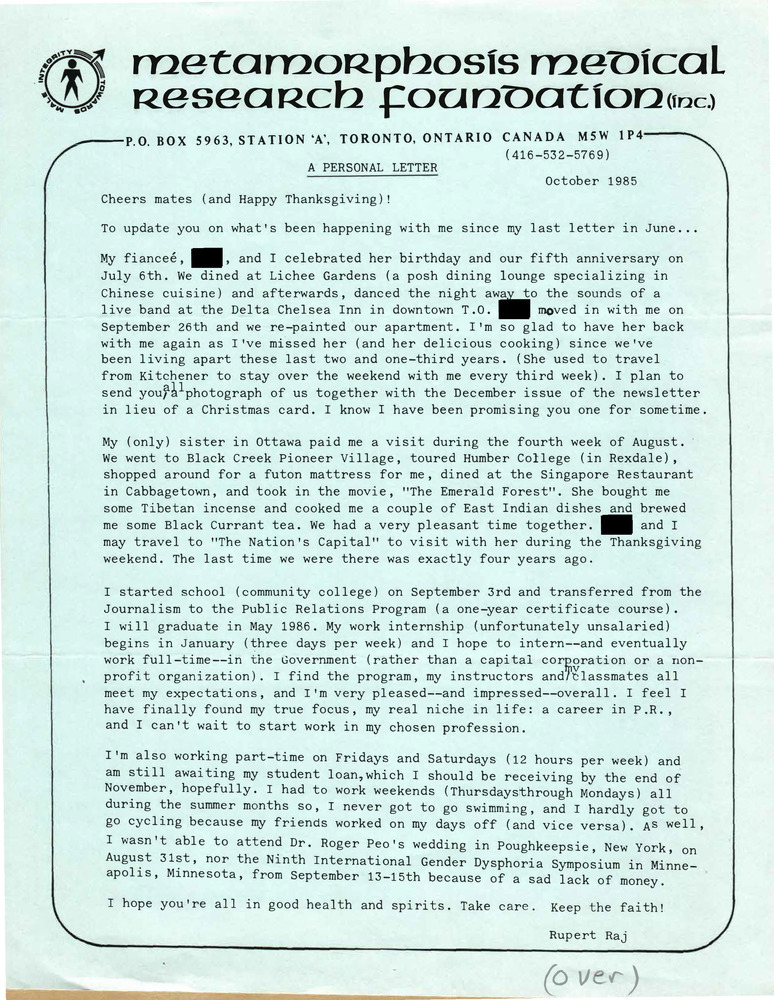 Download the full-sized PDF of Open Letter from Rupert Raj (October 1985)