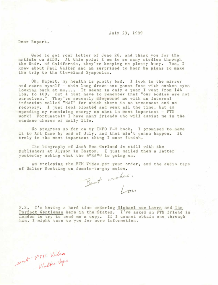 Download the full-sized PDF of Correspondence from Lou Sullivan to Rupert Raj (July 23, 1989)