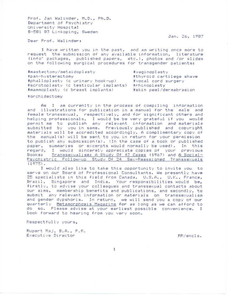 Download the full-sized PDF of Letter from Rupert Raj to Dr. Jan Walinder