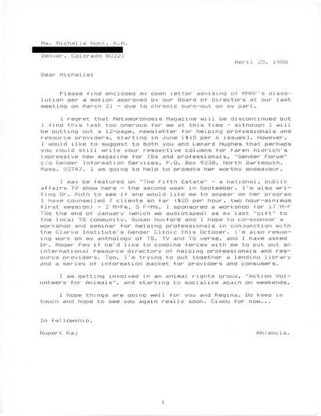 Download the full-sized image of Letter from Rupert Raj to Michelle Hunt