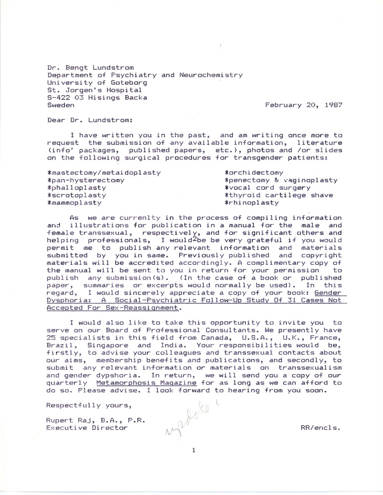 Download the full-sized PDF of Letter from Rupert Raj to Dr. Bengt Lundstrom